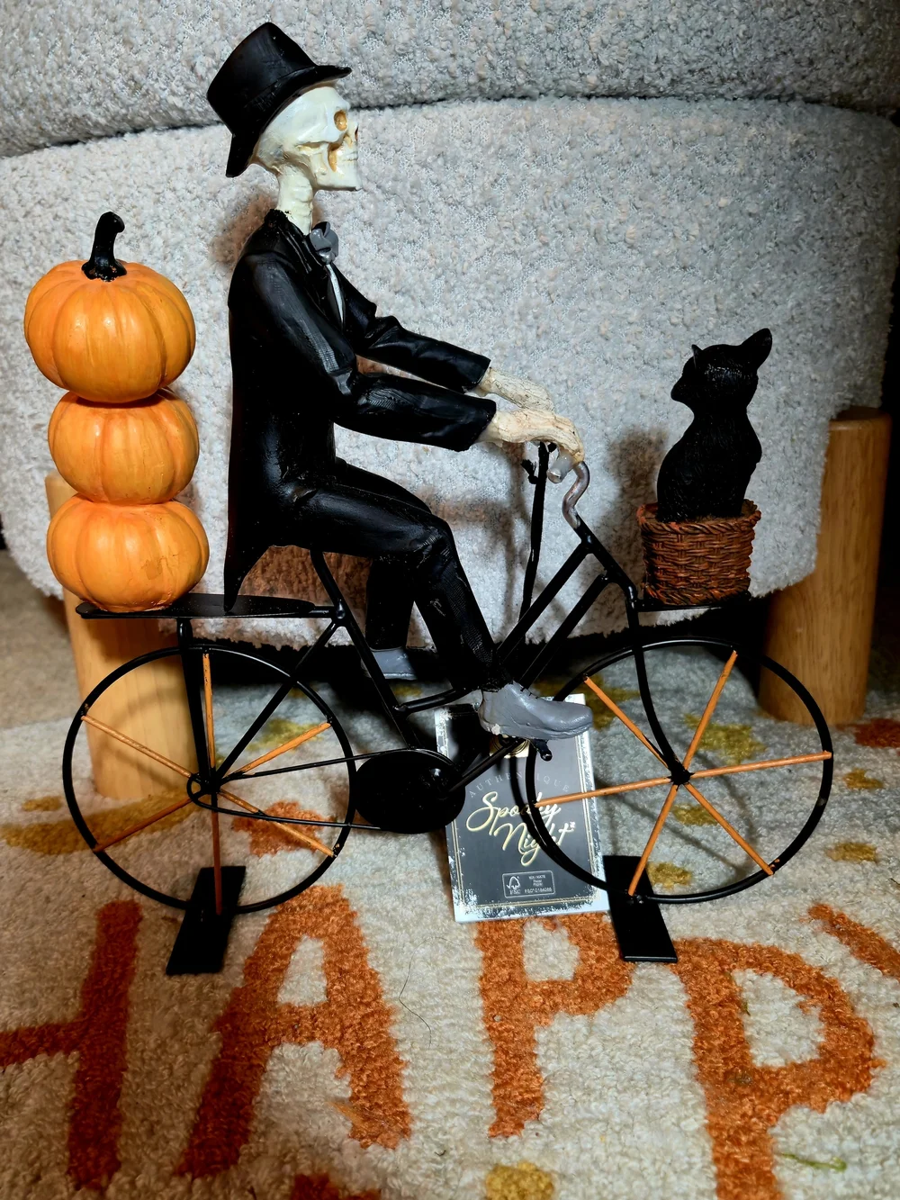 Halloween Spooky Night Skeleton On Bicycle Figurine Prop Cat Pumpkin Tuxedo NWT